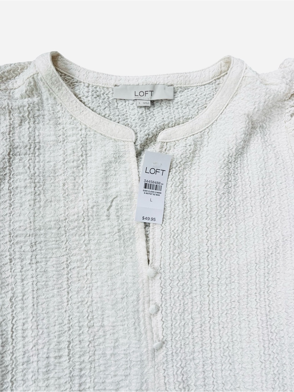 LOFT White Textured Short Sleeve Blouse with Button Placket - Picture 2 of 4